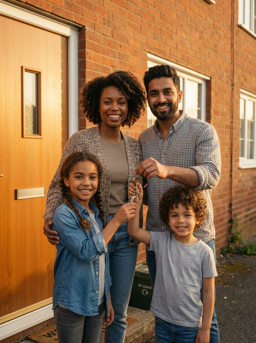 A young family receiving the keys to their newly recovered council home