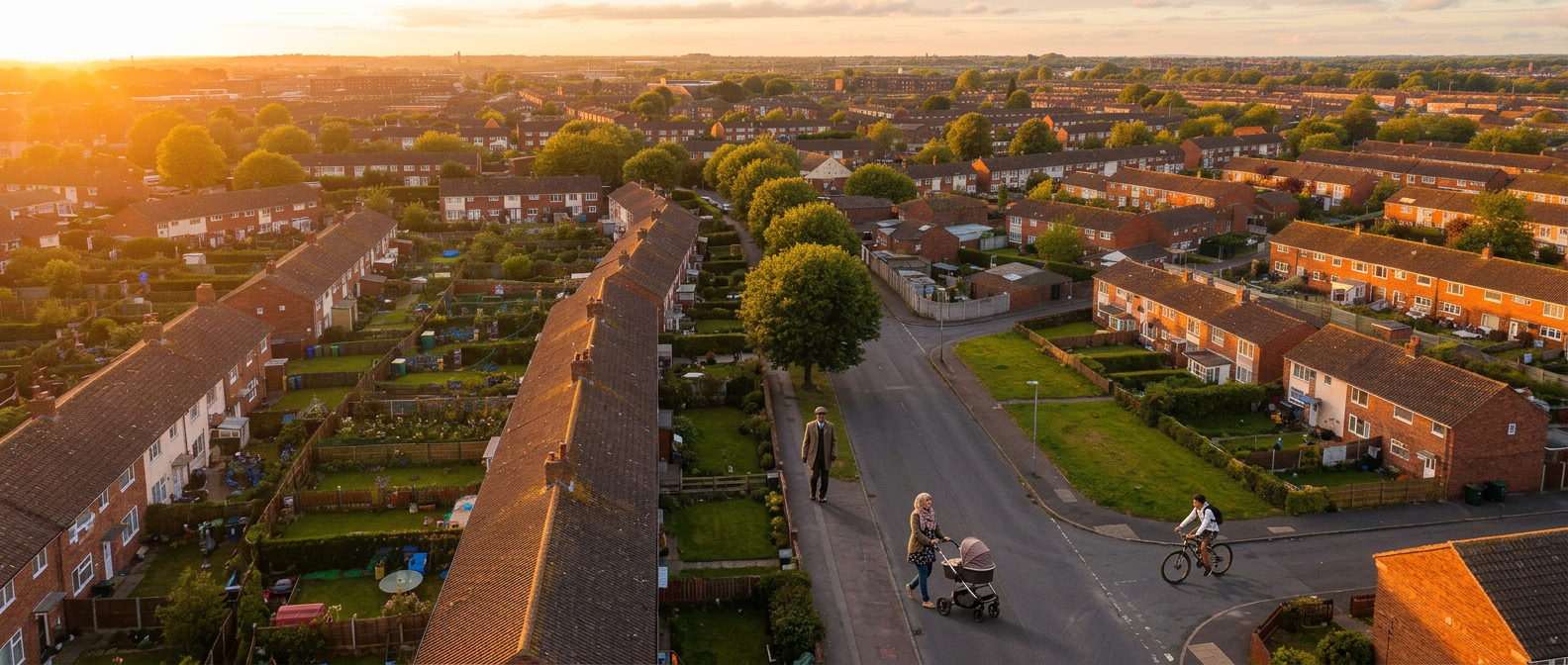Aerial view of a UK social housing neighbourhood at golden hour
